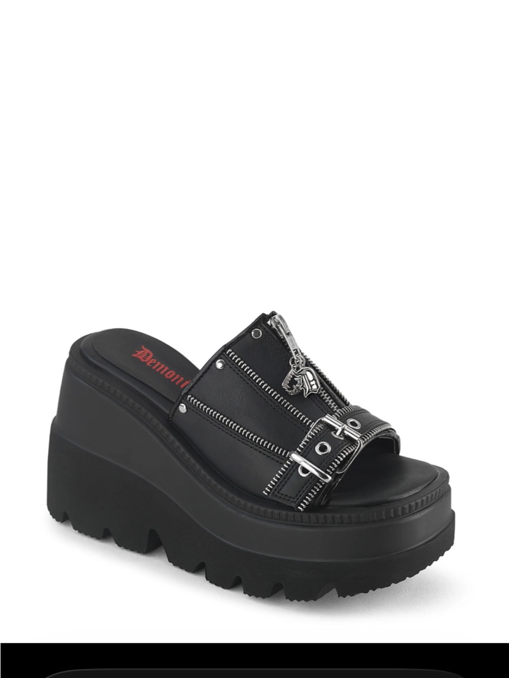 Demonia Black Platform Lug Slide with Zipper & Buckle Details